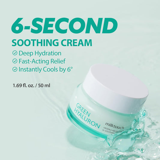 Milktouch Green Hyaluron 6-Second Soothing Cream - Hydrating Gel Moisturizer For Sensitive, Dry, Oily Skin - Reduces Redness, Irritation, Fine Lines - Centella Asiatica & Hyaluronic Acid 1.69 Fl Oz