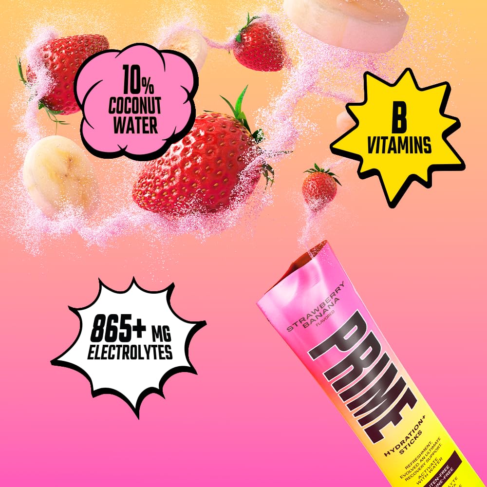 Prime Hydration+ Sticks Strawberry Banana | Hydration Powder Single Serve Sticks | Electrolyte Powder On The Go | Low Sugar | Caffeine-Free | Vegan | 16 Sticks