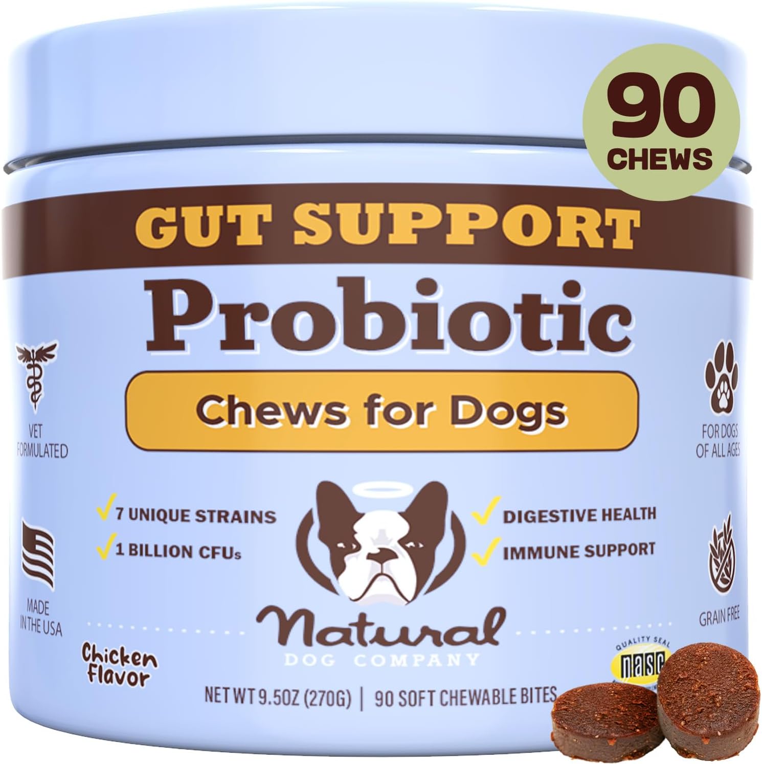 Natural Dog Company Probiotic Chews For Dogs (90 Bites), Chicken Flavor, Helps With Digestion & Gut Health Supports Immune System, Probiotics Supplement For Dogs Of All Ages, Sizes & Breeds