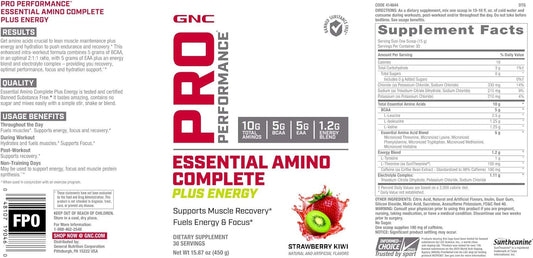 GNC Pro Performance Essential Amino Complete Plus Energy, Strawberry Kiwi, 15.9 oz., Supports Muscle Recovery : Health & Household