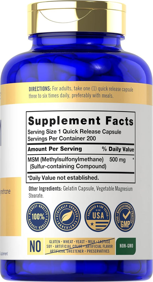 Carlyle MSM Supplement | 500mg | 200 Capsules | Non-GMO, and Gluten Fr