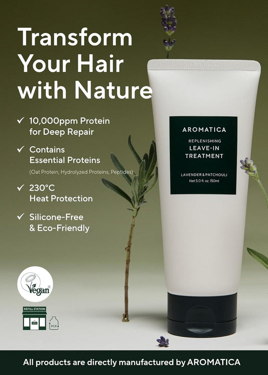 Aromatica Replenishing Leave-In Treatment Lavender & Patchouli 5.0Fl Oz/150Ml - Silicone-Free Leave In Conditioner For Damaged Hair & Heat Protection, No-Rinse Formula