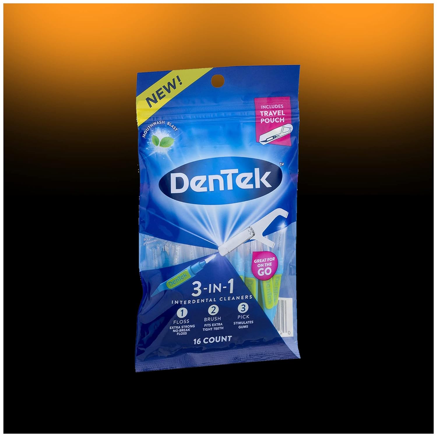 DenTek 3-In-1 Interdental Cleaners | Floss, Brush, Pick, Travel Pouch | 16 Count : Health & Household