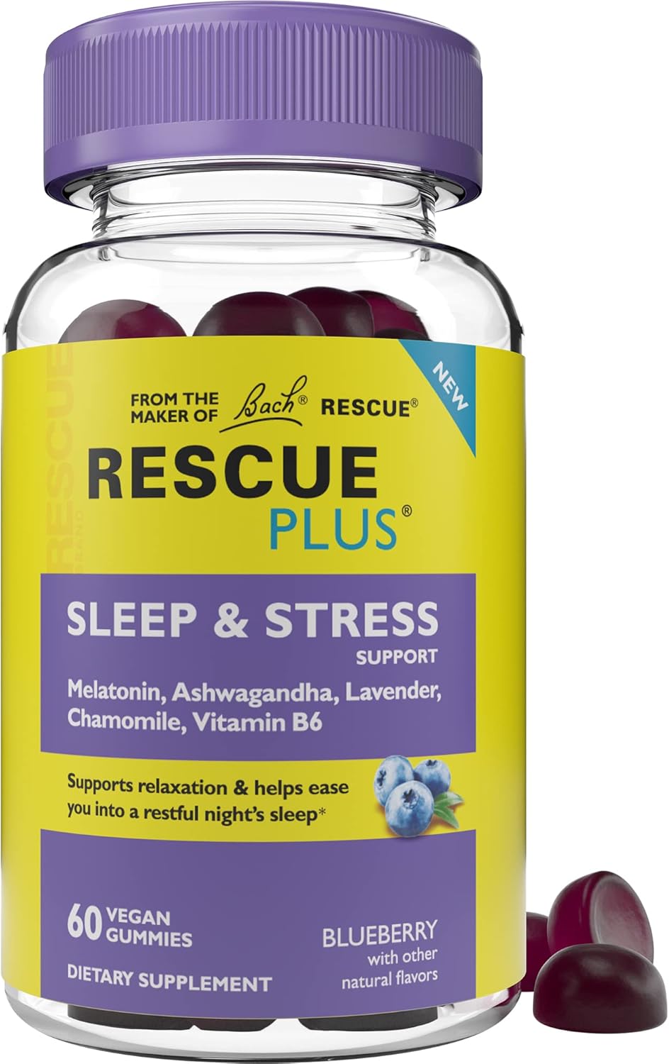 Bach Rescue Plus Sleep & Stress Support Gummies, Nighttime Dietary Supplement With 1Mg Melatonin, Ashwagandha, Chamomile, Lavender & Vitamin B6, Natural Blueberry Flavor, Vegan & Gluten-Free, 60 Count