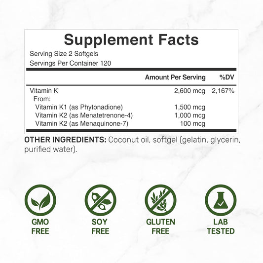 Deal Supplement Premium Vitamin K Complete - High Potency Vitamin K2 (Mk-7 And Mk-4) & K1, 240 Coconut Oil Infused Softgels - Full Spectrum Triple Vitamin K, Optimal Bone & Heart Health Support