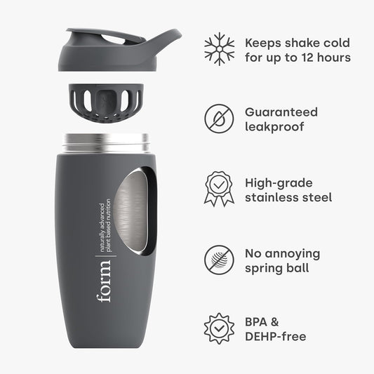 Form Insulated Stainless Steel Protein Shaker Bottle - 550Ml, Leak-Proof Protein Shaker Stainless Steel With Snap-Fit Agitator - Keeps Drinks Cold For 12 Hours! (Graphite Grey)