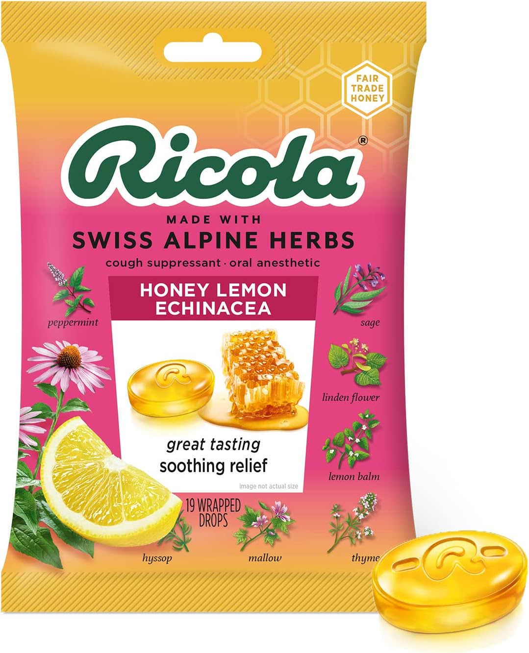 Ricola HoneyLemon with Echinacea Cough Suppressant Throat Drops, 19 Count (Pack of 1)