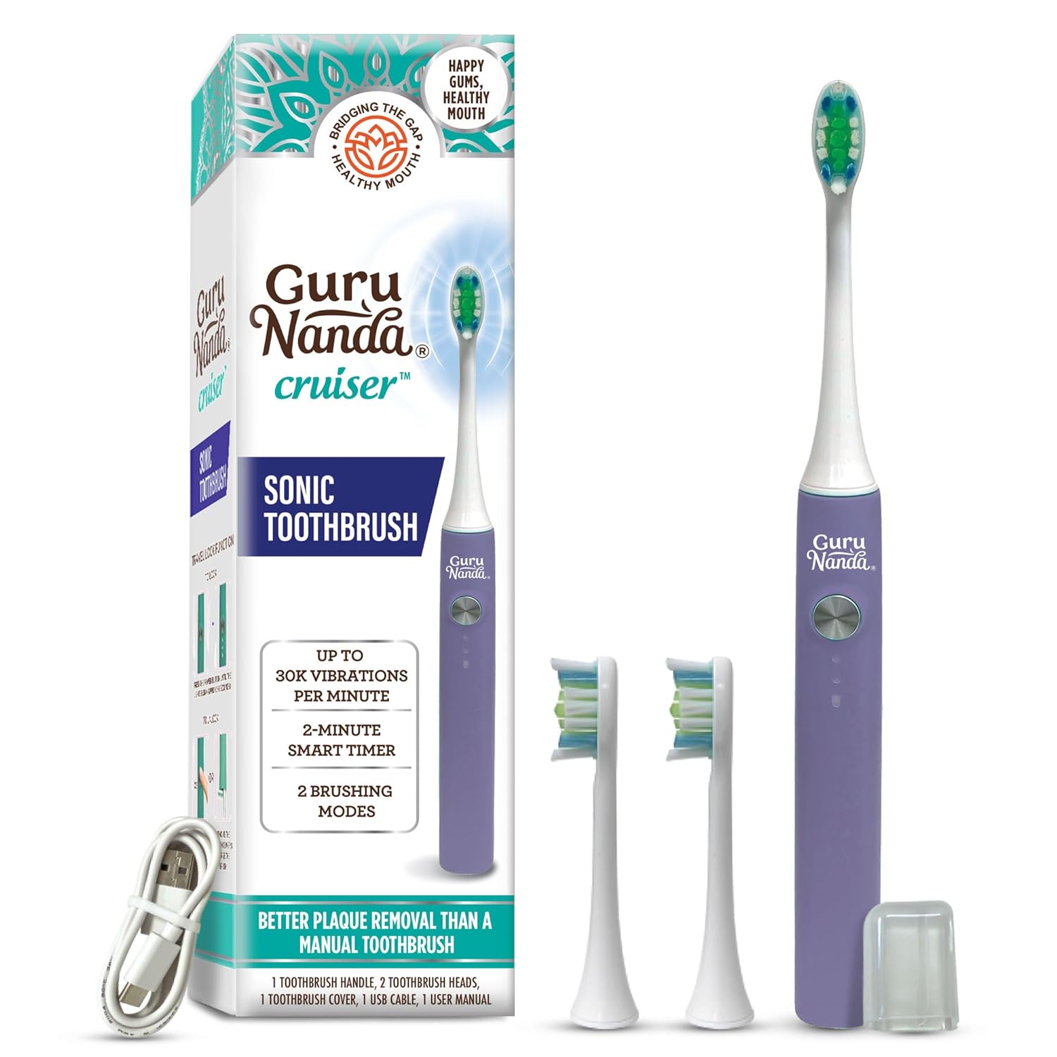 Gurunanda Cruiser Sonic Toothbrush With 2 Brush Heads, 1 Brush Cap, 1 Usb Cable - 2 Modes, 2-Minute Timer & More Than 30,000 Vibrations, Lavender