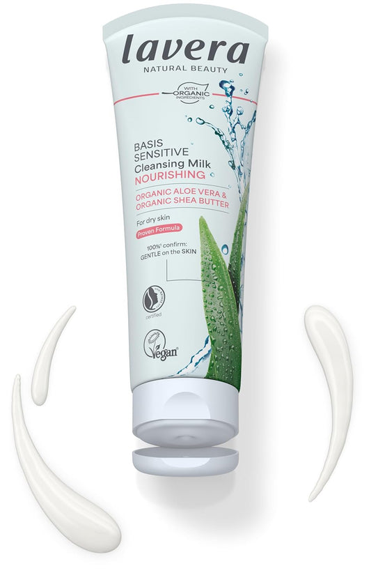 Lavera Basis Sensitive Cleansing Milk - Facial Cleanser With Aloe Vera & Shea Butter For Soft Skin - Make Up Remover - Face Wash - Peta Certified - Vegan - Made In Germany - 4.3 Fl Oz