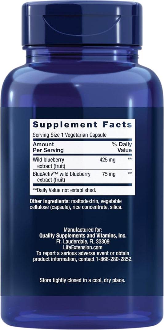 Life Extension Blueberry Extract Capsules - Whole Fruit Wild Blueberry Extract Supplement Pills- For Brain Health Support - Non-Gmo, Gluten-Free ,Vegetarian - 60 Capsules
