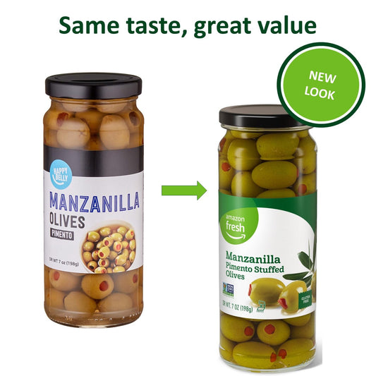 Amazon Fresh, Manzanilla Pimento Stuffed Olives, 7 Oz (Previously Happy Belly, Packaging May Vary)