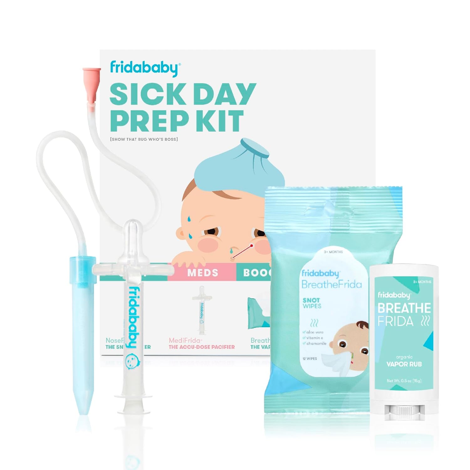 Frida Baby Sick Day Prep Kit | Sick Baby Essentials, Allergy Relief Set Includes Nosefrida Nasal Aspirator, Medifrida Pacifier Medicine Dispenser, Breathefrida Vapor Rub, Snot Wipes