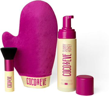 Coco & Eve Sunny Honey Bali Bronzing Bundle. All Natural Sunless Tanning Mousse. Instant Self Tanning Lotion With Bronzer, Mitt Applicator And Kabuki Brush. (Medium)