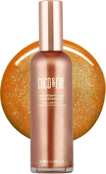 Coco & Eve Antioxidant Glow Shimmer Body Oil - Lightweight Skin Illuminator With Pearlescent Minerals, Natural Glitter, Antioxidants For Shimmering, Moisturizing And Healthy Glow (100Ml)