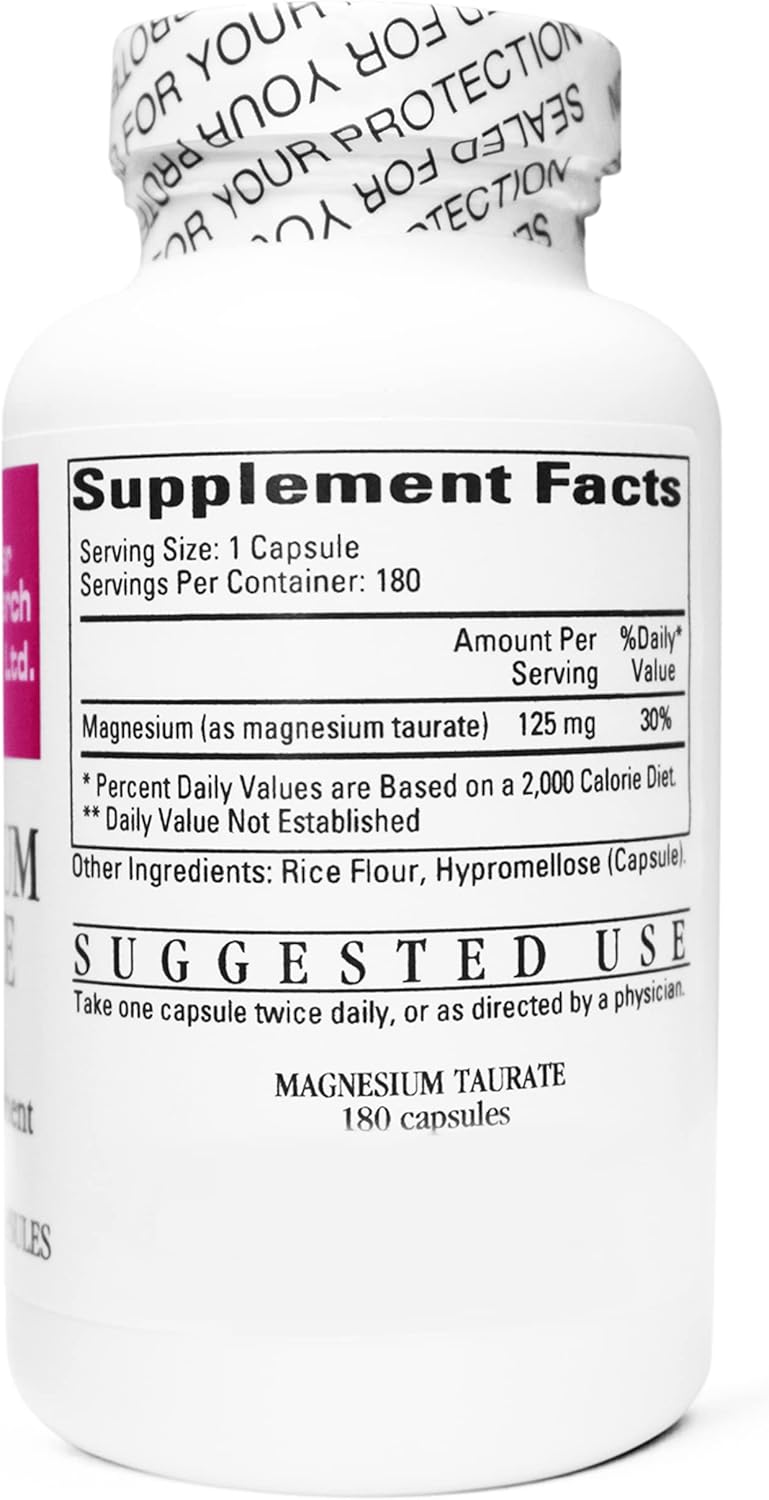Cardiovascular Research Magnesium Taurate - 125 Mg Elemental Magnesium - 180 Veggie Caps In Each Sealed Bottle - 2 Bottles - 360 Vegetarian Capsules : Health & Household