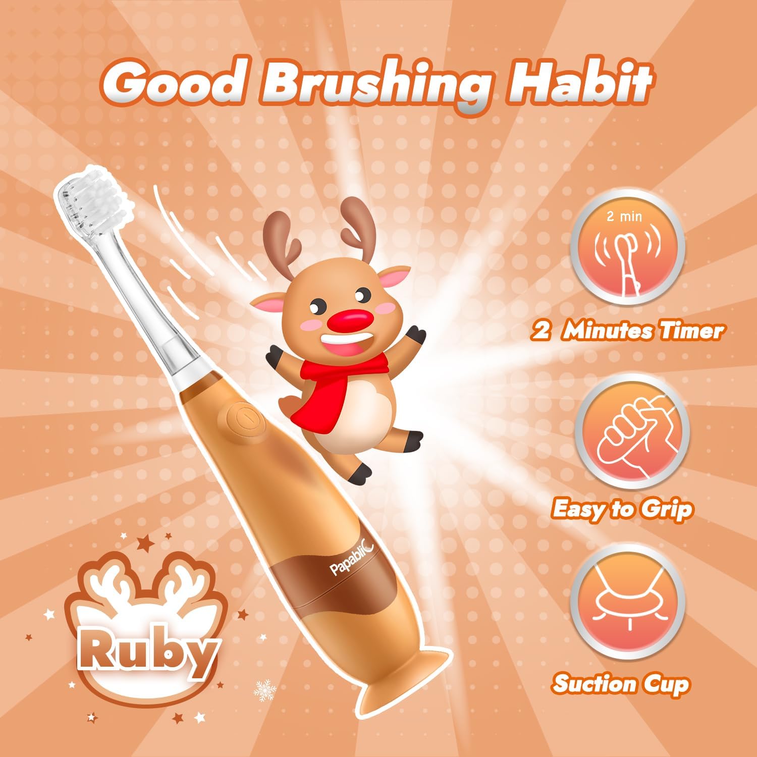 Papablic Toddler Sonic Electric Toothbrush for Ages 1-3 Years, Baby Electric Toothbrush with Cute Reindeer Cover and Smart LED Timer, 2 Brush Heads (Ruby) : Health & Household