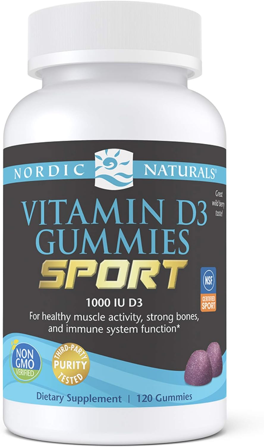 Nordic Naturals Vitamin D3 Gummies Sport, Wild Berry - 120 Gummies - 1000 Iu Vitamin D3 - Nsf Certified - Healthy Bones, Mood & Immune System Function - Non-Gmo - 120 Servings