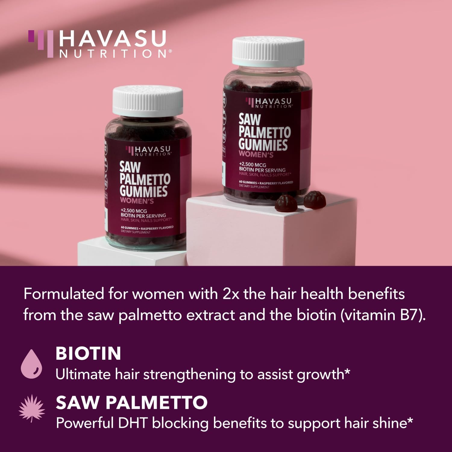 Saw Palmetto for Women + 2500 mcg Biotin Gummies - DHT Blocker and Biotin Gummies for Hair Skin and Nails - Supports Stronger Appearance of Hair for Women Post-Partum - 120 Vegan Saw Palmetto Gummies : Health & Household