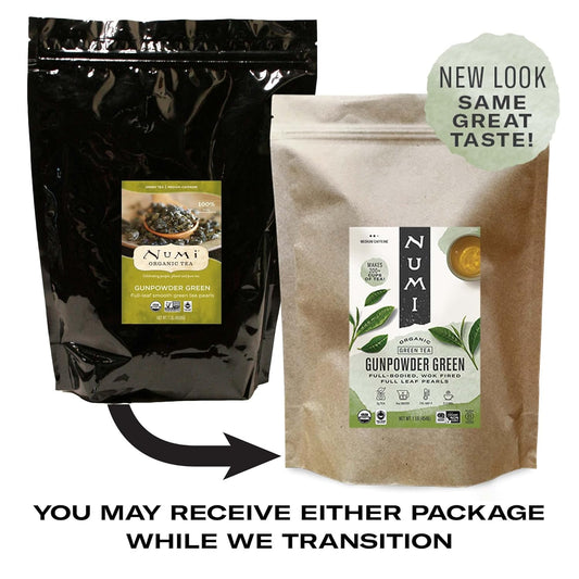 Numi Organic Gunpowder Green Tea, 16 Ounce Pouch, Full-Bodied Loose Leaf Green Tea Pearls, Brew 200 Cups, Packaging May Vary