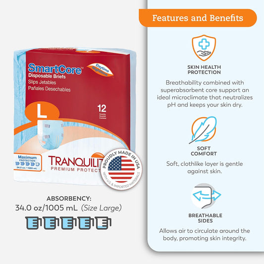 Tranquility Smartcore Adult Disposable Briefs, Incontinence Control With Breathable Kufguard Technology, Fastening Tabs& Wetness Indicator, Latex-Free, Adult Large, 34Oz Capacity, 12Ct Bag