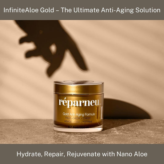 Infinitealoe Réparneu Gold Anti-Aging Formula, Neck Firming, Face Tightening, Anti Wrinkle Face Cream - Organic Aloe Powered With Collagen, Peptides & Retinyl - 0.5Oz Jar