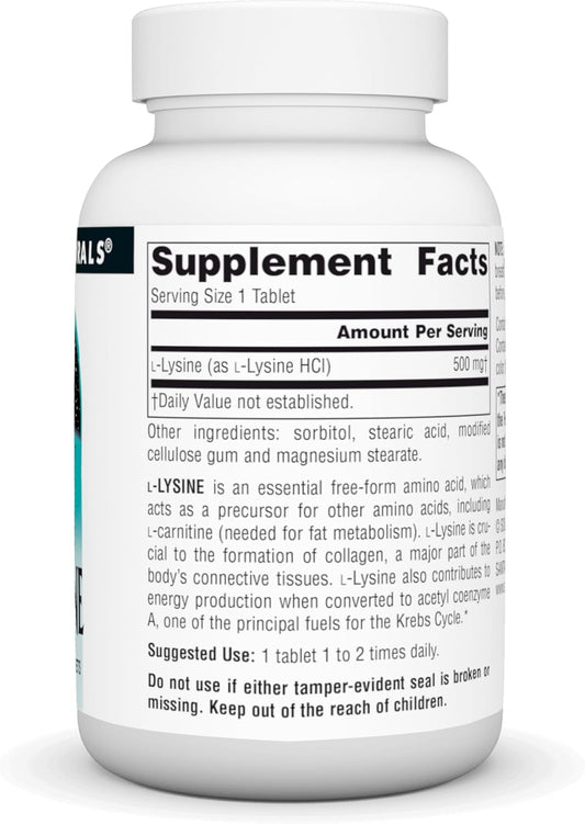 Source Naturals L-Lysine 500 Mg Free Form -Amino Acid Supplement Supports Energy Formation & Collagen* - 100 Tablets