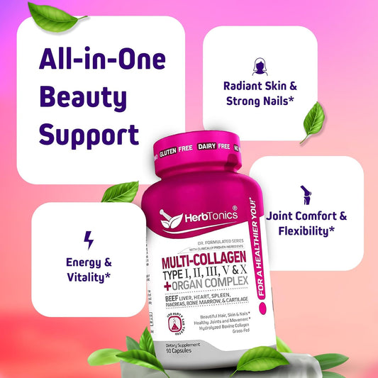 Herbtonics Multi Collagen + Organ Complex Capsules - 5-Type Collagen & Beef Organ Complex For Beauty & Vitality, 90 Capsules