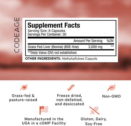 Codeage Grass Fed Beef Liver Supplement Superfood, Freeze Dried, Non-Defatted, Desiccated Beef Liver Glandulars Bovine Pills, Liver Health, Pasture Raised Beef Vitamins, Non-Gmo, 180 Capsules