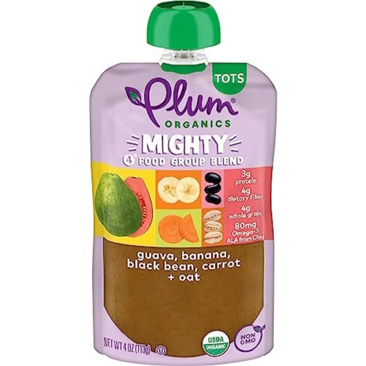 Plum Organics Mighty 4 Organic Toddler Food - Guava, Banana, Black Bean, Carrot, And Oat - 4 Oz Pouch (Pack Of 12) - Organic Fruit And Vegetable Toddler Food Pouch