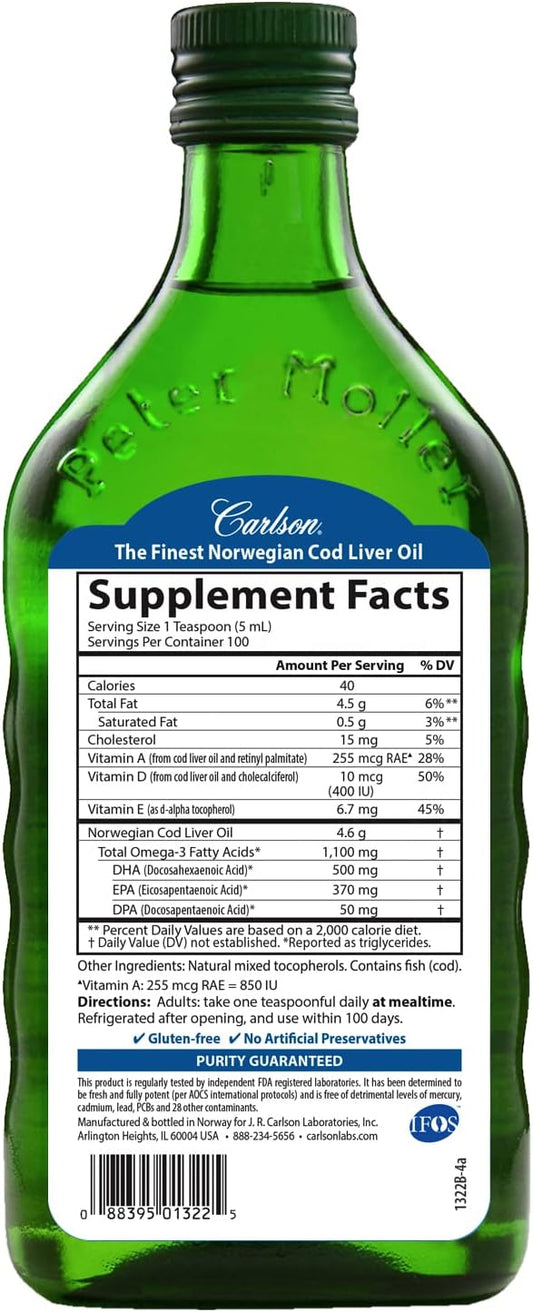 Carlson - Cod Liver Oil, 1100 mg Omega-3s, Wild-Caught Norwegian Arcti