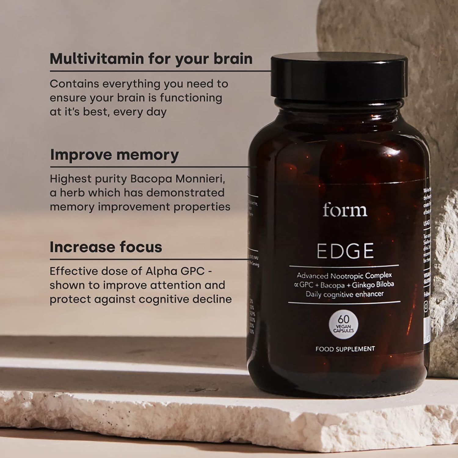 Form Edge - Natural Nootropic for Focus | Cognitive Supplement with Alpha GPC, Bacopa Monnieri, Ginkgo Biloba & B Vitamins | Supports Memory, Calmness & Mental Performance : Amazon.co.uk: Health & Personal Care
