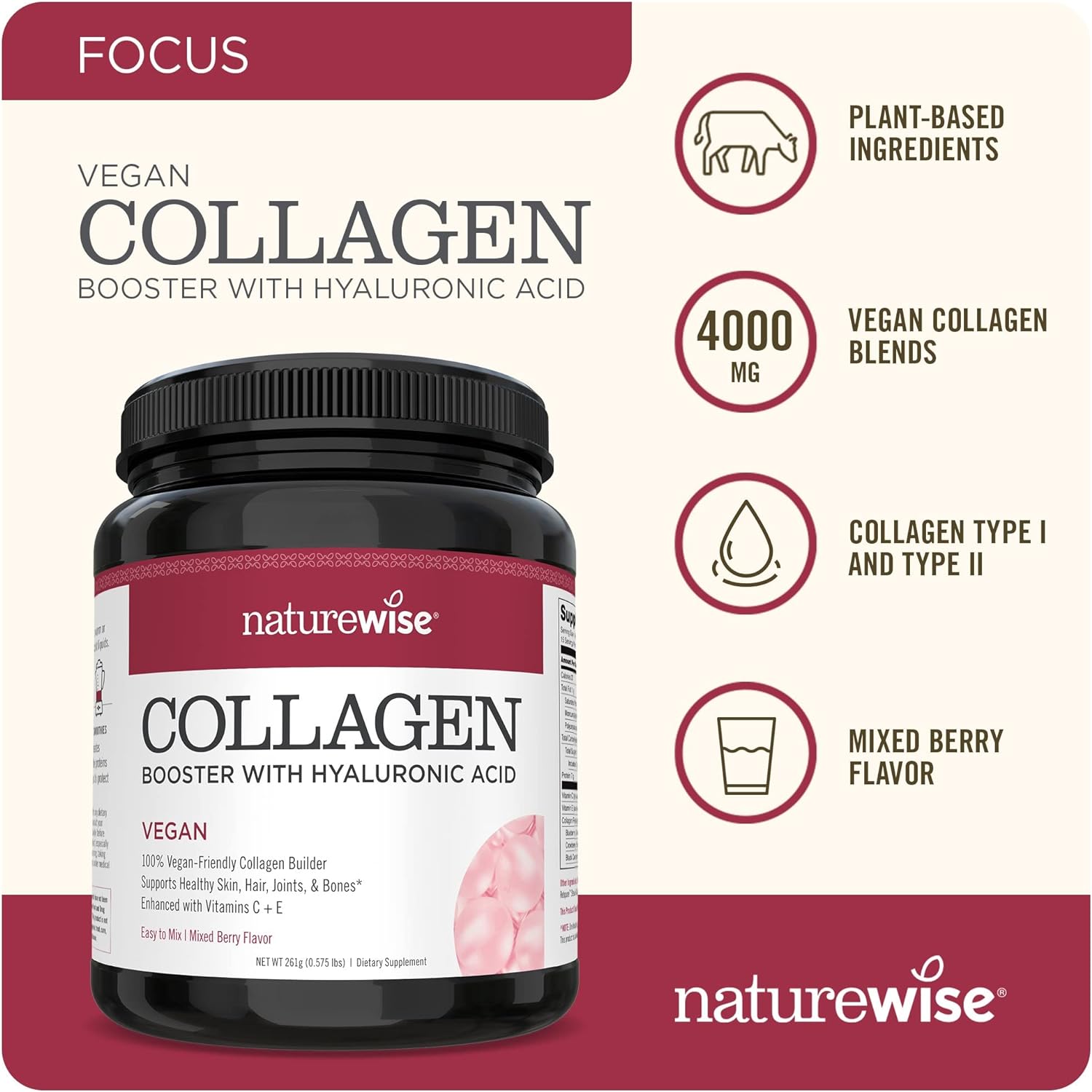 NatureWise Mixed Berry Vegan Collagen Booster Support for Nourished Skin, Hair, Joints, and Bones with Vitamin C, Vitamin E, and Herbal Ingredients (Packaging May Vary) [9.2 oz – 15 Servings]