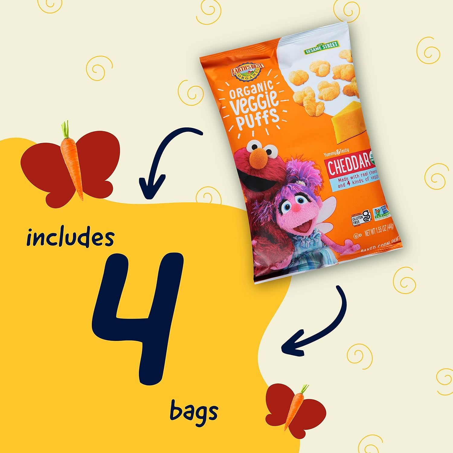 Earth's Best Organic Kids Snacks, Sesame Street Toddler Snacks, Organic Cheddar Veggie Puffs, Gluten Free Snacks for Kids 2 Years and Older, Cheddar, 1.55 oz Bag (Pack of 4) : Baby