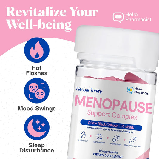 Herbal Menopause Support Complex - Advanced Menopause Relief with Siberian Rhubarb (Rhaponticin 2%) - Black Cohosh - DIM (diindolylmethane) - Black Pepper - 60 Capsules - Pharmacist Formulated