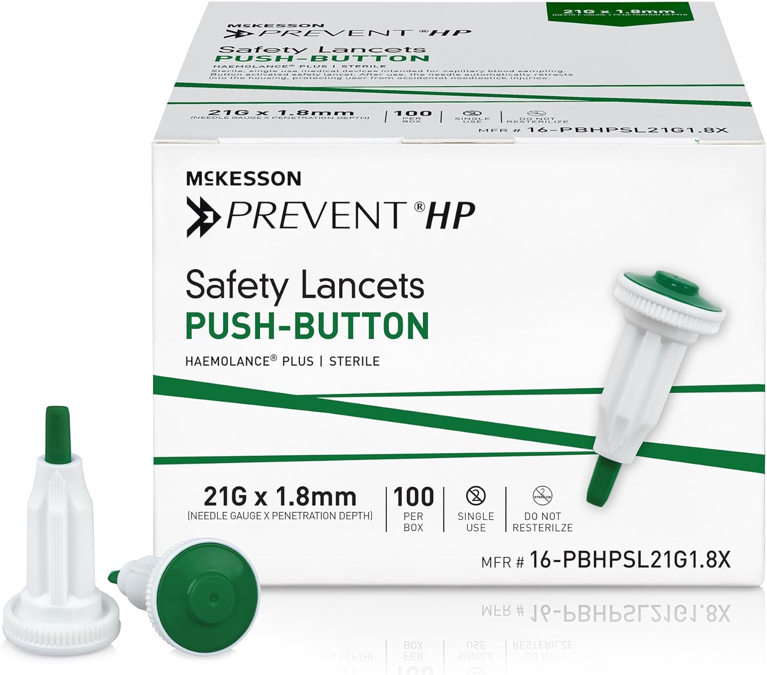 McKesson Prevent HP Safety Lancet, Auto Retracting with Push Button Activation, 21 Gauge, 1.8 mm Depth, Sterile, Green, 100 Count, 1 Pack