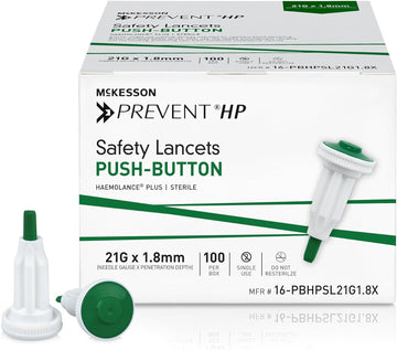 McKesson Prevent HP Safety Lancet, Auto Retracting with Push Button Activation, 21 Gauge, 1.8 mm Depth, Sterile, Green, 100 Count, 1 Pack