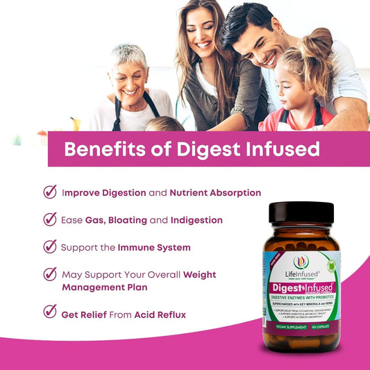 Life Infused - Premium Digestive Enzyme Supplements - 21 Plant-Based Enzymes, Proteases, Bromelain, Amylase, Papain - Probiotics, 72 Key Minerals & Herbs - Ease Gas & Bloating. 90 Servings