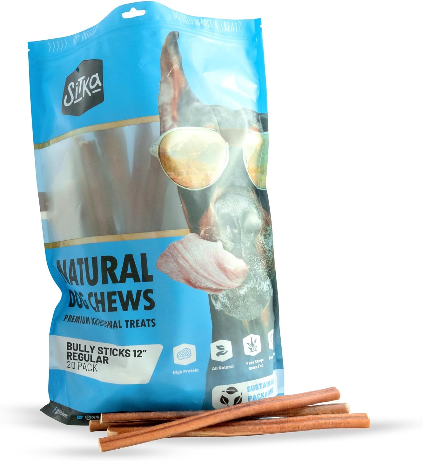 SITKA Farms Bully Sticks Regular 12 inch - 20 Count - Premium High Protein Long Lasting Dental Treats for Large Medium and Small Dogs - Rawhide Free Sticks for All Breeds