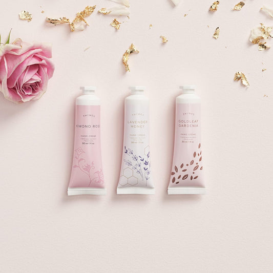 Thymes Hand Cream Trio Gift Set - Eucalyptus, Olive Leaf & Aqua Coralline - Body Skin Care Products With Vitamin E - Hand Moisturizer Set Includes Three Moisturizing Creams - 1 Oz Ea