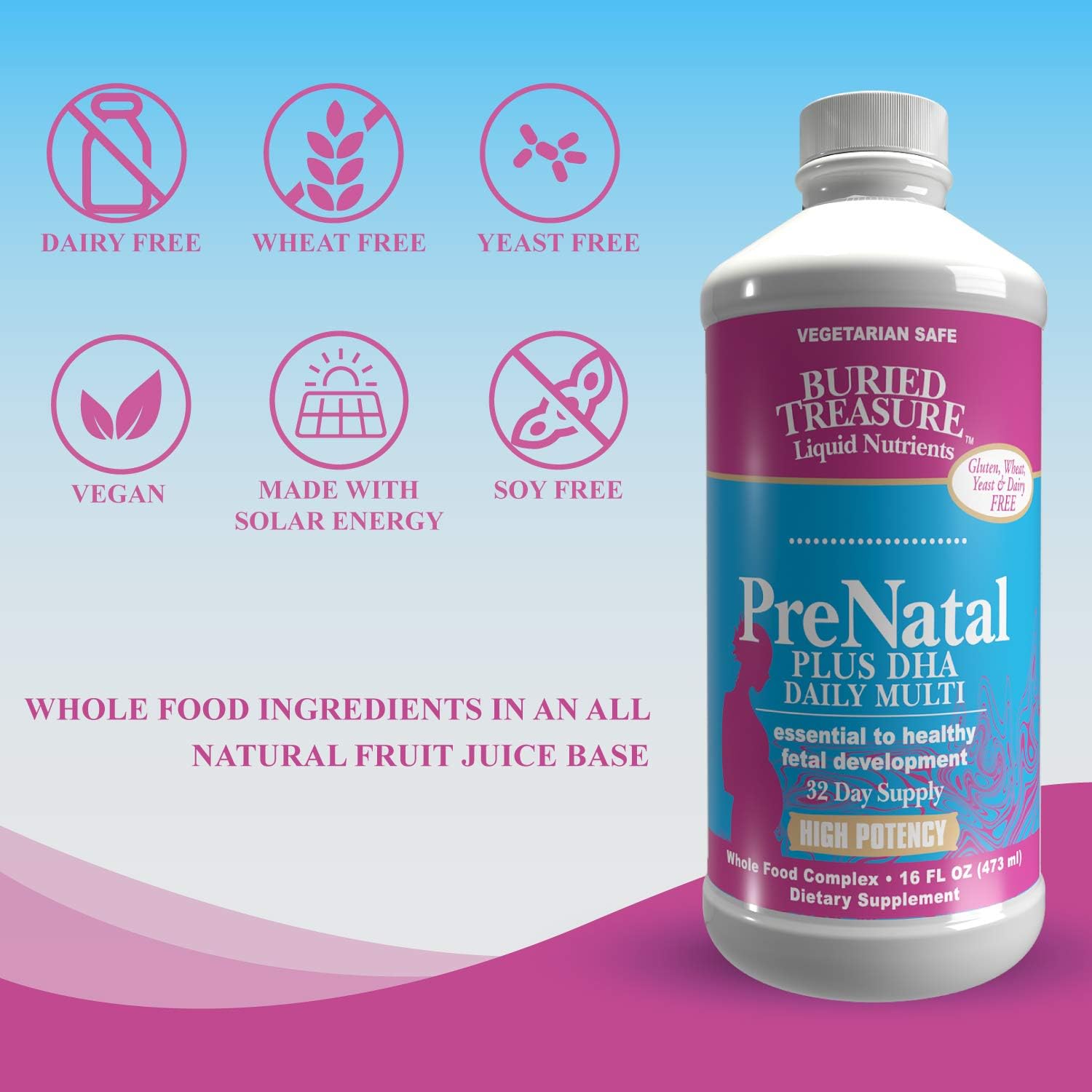 Buried Treasure Prenatal Plus DHA Complete, 16 oz Orange Banana Flavor, High Potency Liquid Formula Supplement for Before, During, Post Pregnancy, Natural DHA Omega3 Iron Vegetarian Safe w/Dose Cup : Health & Household