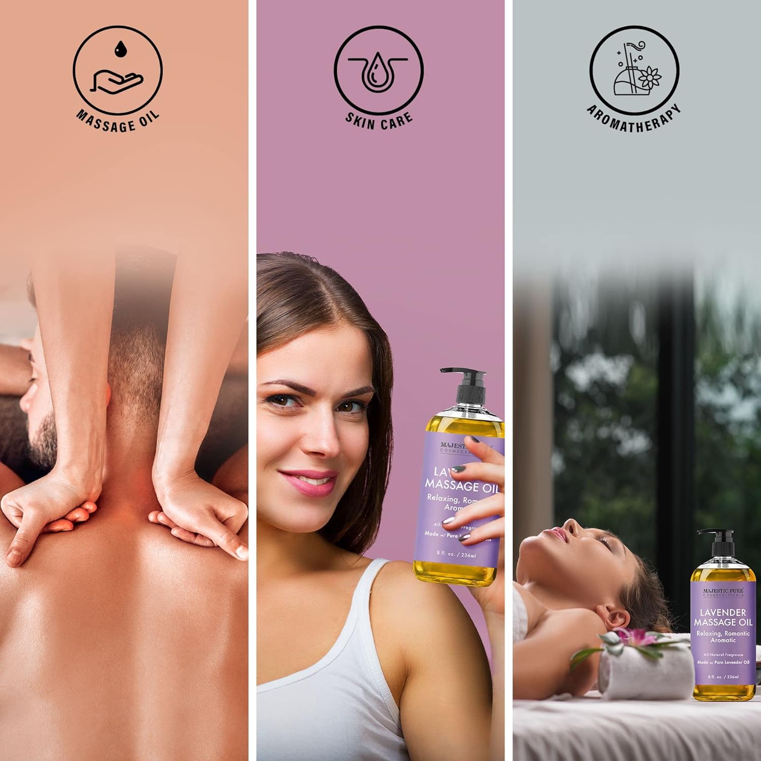 MAJESTIC PURE Lavender Massage Oil for Men and Women - Great for Calming, Soothing and to Relax - Blend of Natural Oils for Premium Massaging and Aromatherapy - 8 fl oz. : Health & Household