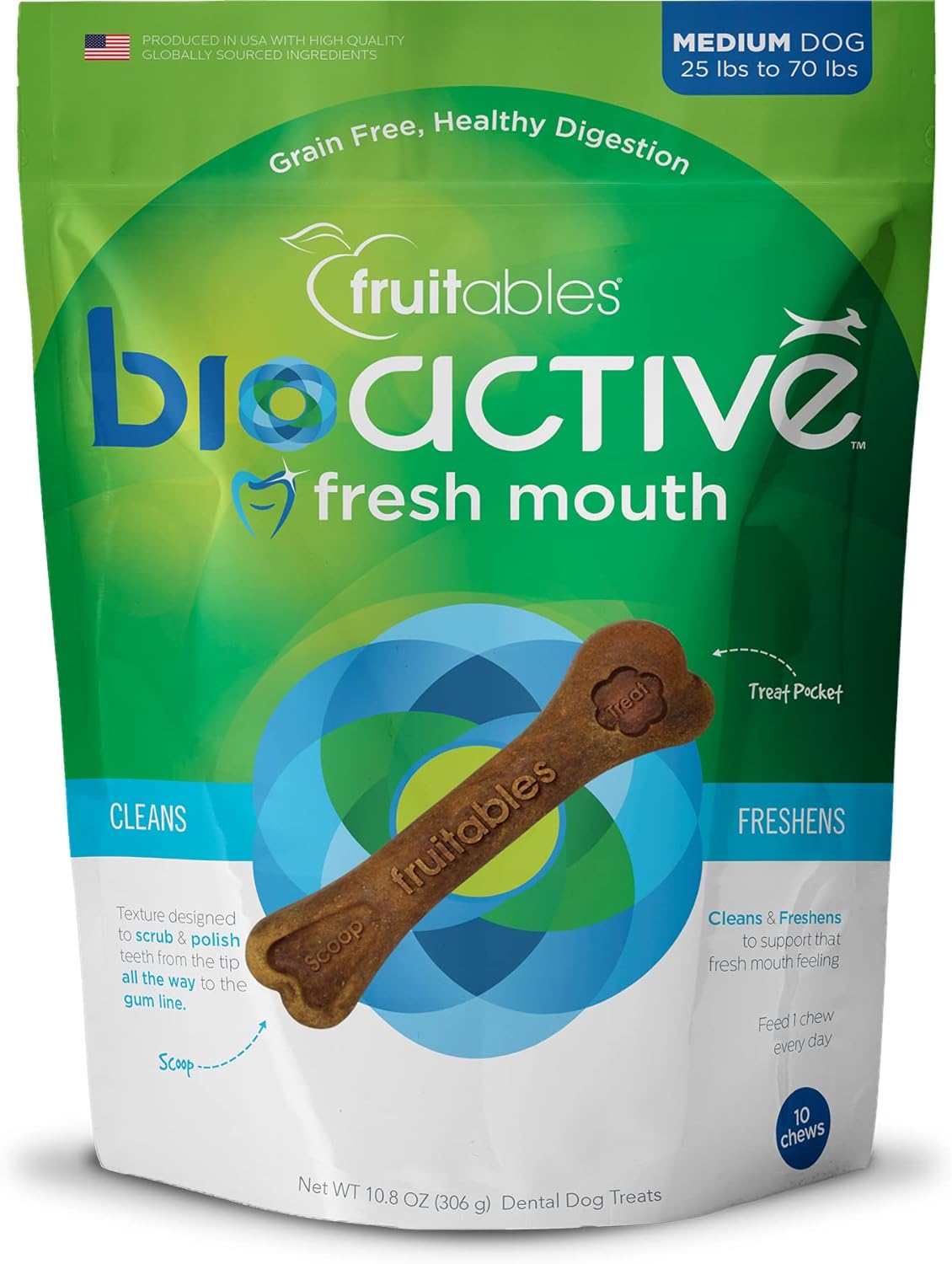 Fruitables Bioactive Dental Chews | Gluten and Grain-free Dental Treat | Superfood Formulated | Medium Dogs | 10 count