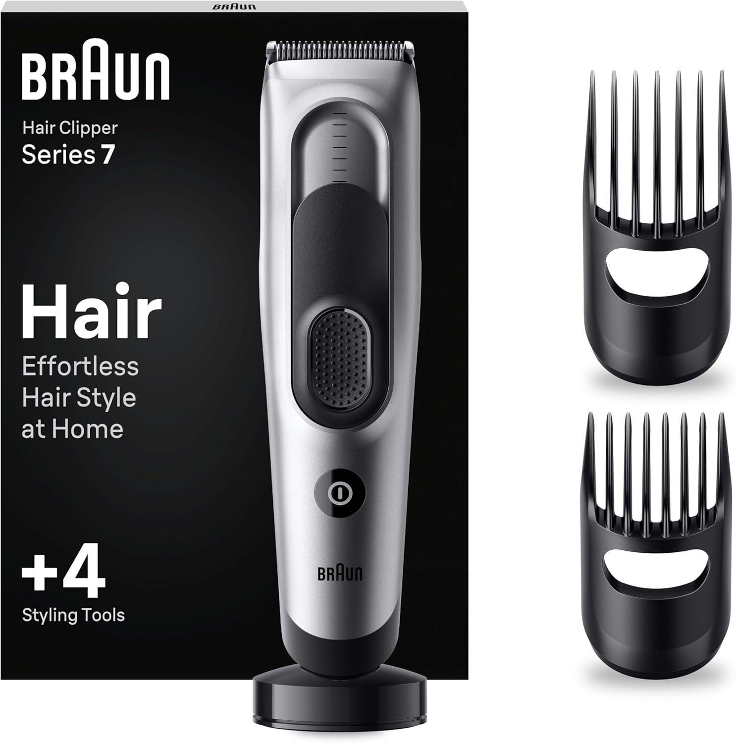 Braun Hair Clipper Series 7, Featuring Lifetime-Sharp Blades, Men'S Hair Clipper With 17 Length Settings, With 4 Styling Tools, 50-Min Runtime, Gifts For Men, Hc7390, Silver