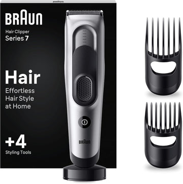 Braun Hair Clipper Series 7, Featuring Lifetime-Sharp Blades, Men'S Hair Clipper With 17 Length Settings, With 4 Styling Tools, 50-Min Runtime, Gifts For Men, Hc7390, Silver