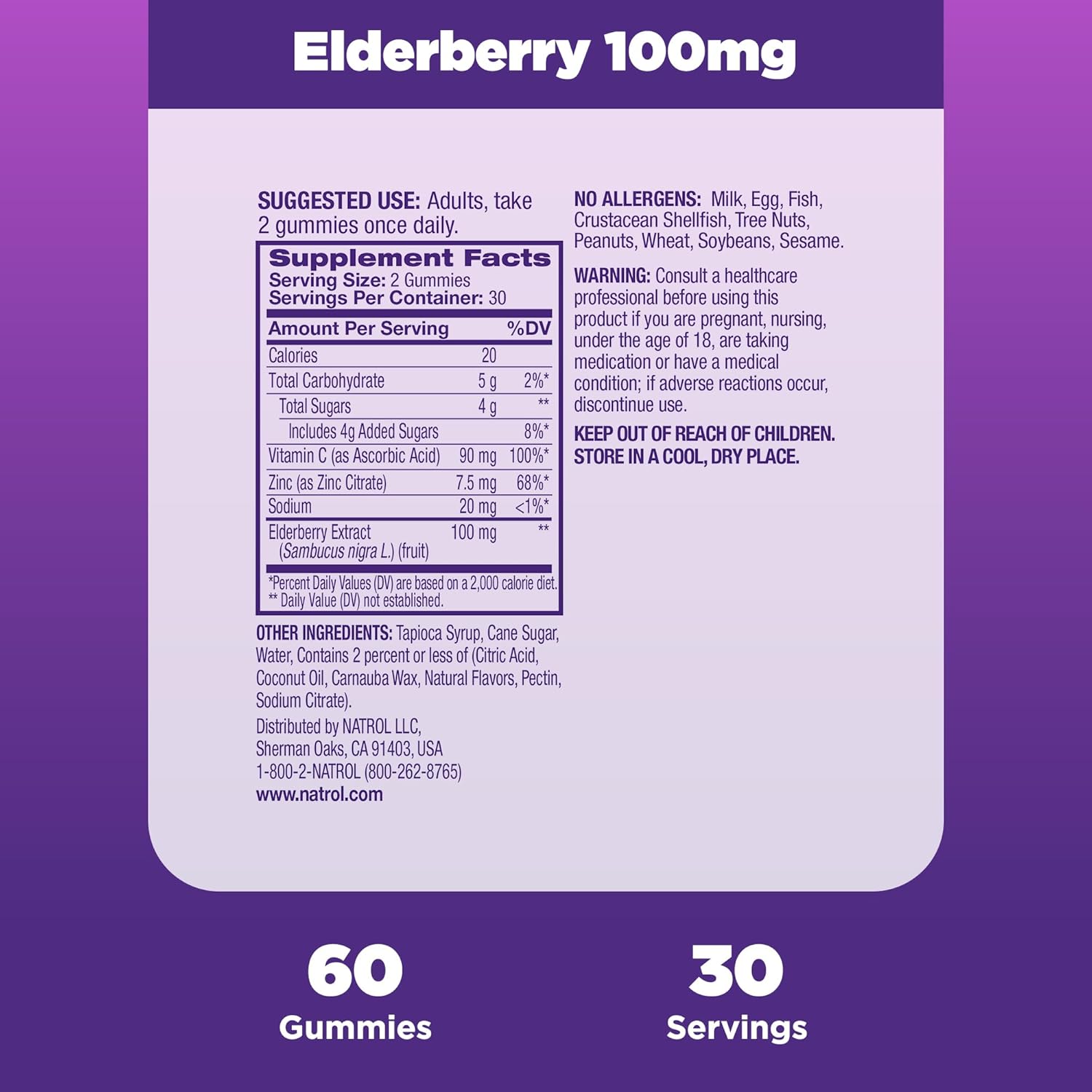 Natrol Elderberry 100mg Gummies for Immune Health Support, 60 Berry-Flavored Gummies, 30 Day Supply : Health & Household