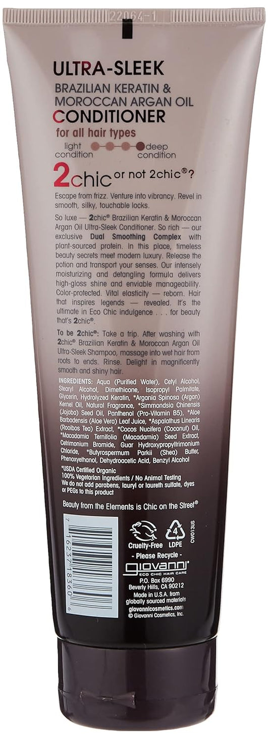 Giovanni 2Chic Ultra-Sleek Conditioner - Brazilian Phyto-Keratin & Moroccan Argan Oil, Anti-Frizz Formula, Coconut, Shea Butter, Pro-Vitamin B5, Color Safe, Paraben Free - 8.5 Oz