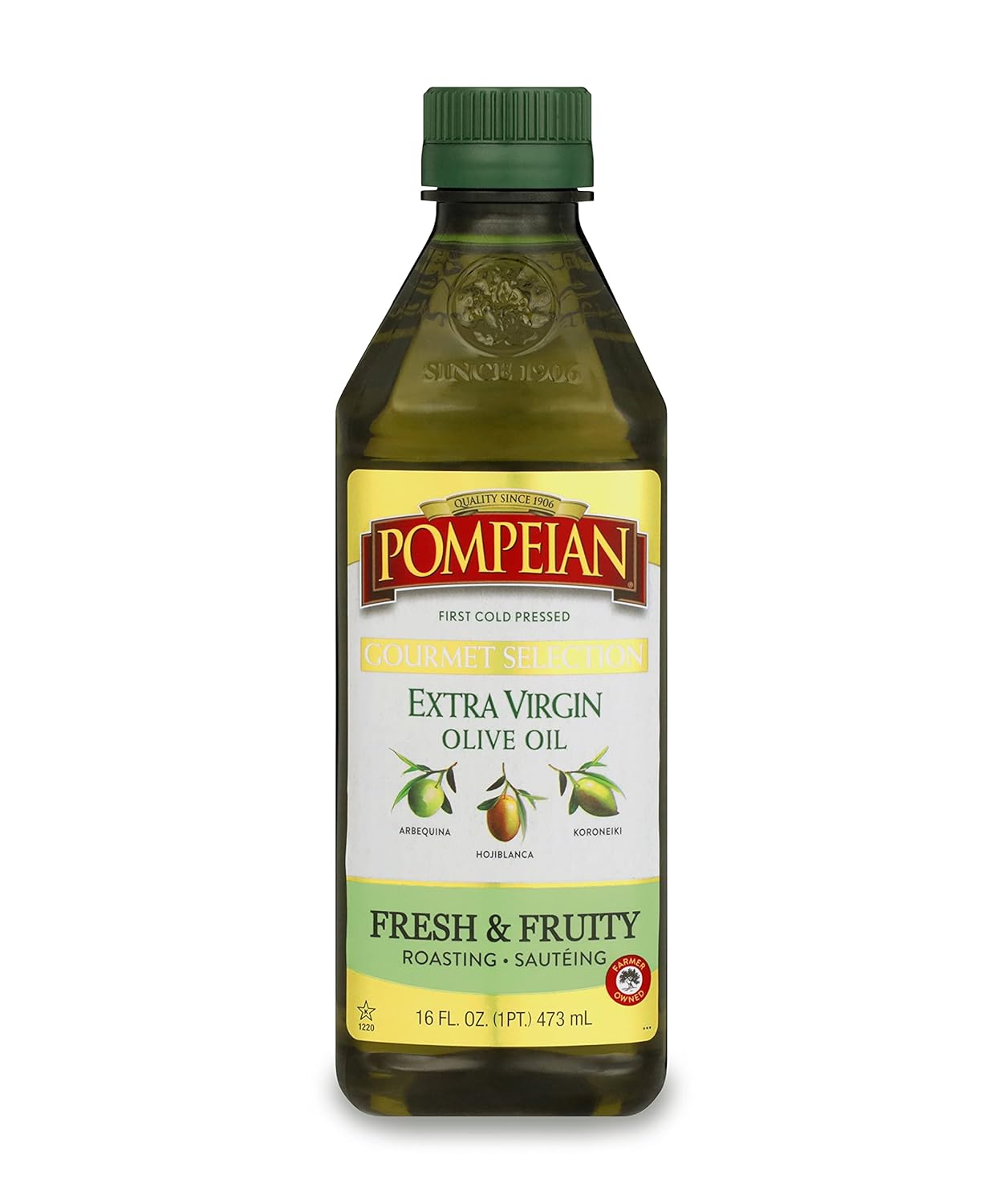 Pompeian Gourmet Selection Extra Virgin Olive Oil, First Cold Pressed, Fresh & Fruity Flavor, Perfect For Roasting & Sautéing, 16 Fl. Oz