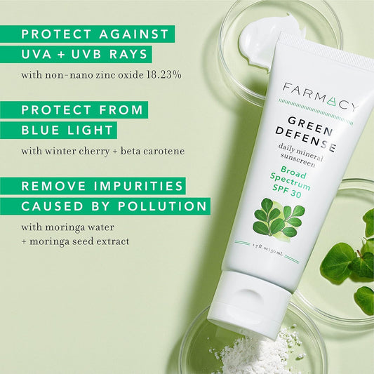 Farmacy Mineral Face Sunscreen Spf 30 - Broad Spectrum Zinc Oxide Sunscreen For Face - Daily Defense Sheer Mineral Spf For Sensitive Skin - Absorbs Quickly + Leaves No White Cast (50Ml)