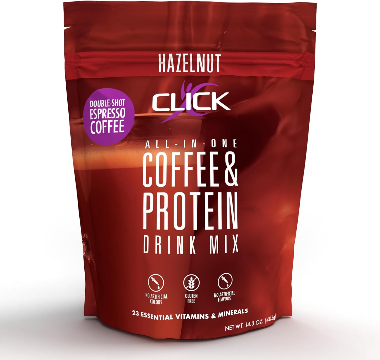 Click Coffee Protein Powder | Double Shot Espresso | 16g Protein | 23 Essential Vitamins | Low Calorie Meal Replacement | 150mg Caffeine | Gluten Free | No Artificial Flavors or Colors | Hazelnut