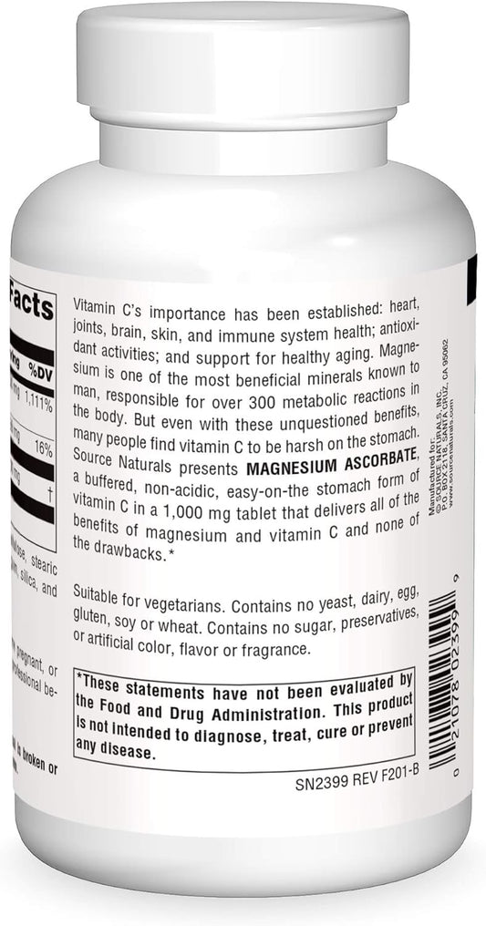 Source Naturals Magnesium Ascorbate, Gentle Non-Acidic Vitamin C*, 1000Mg - 120 Tablets